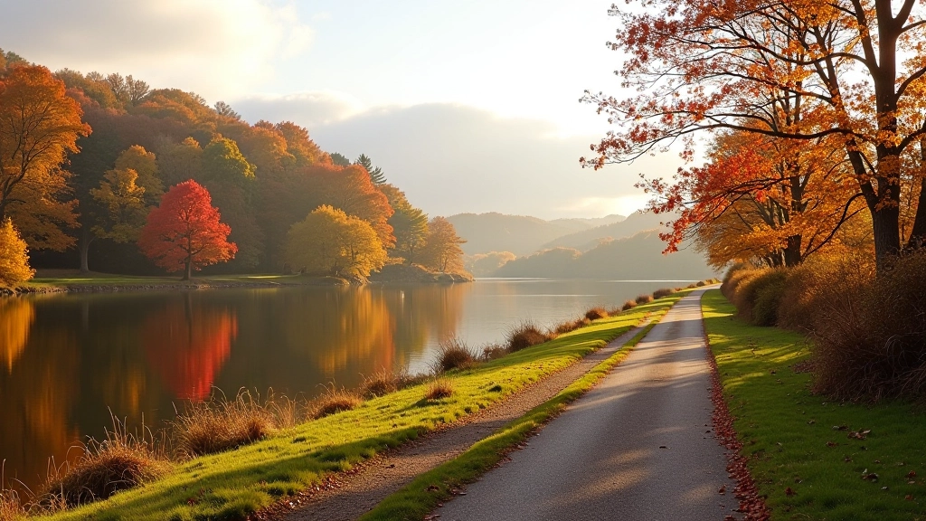 Autumn trees with golden and red foliage reflecting in calm waters of Carlingford Lough beside the cycling path