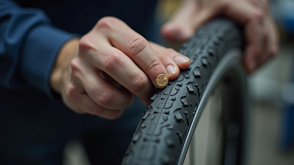 Bicycle tire being inspected for wear and tread depth with measurement tool