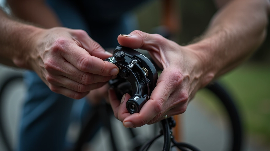 Close-up of bicycle brakes being inspected, showing brake pads and caliper alignment