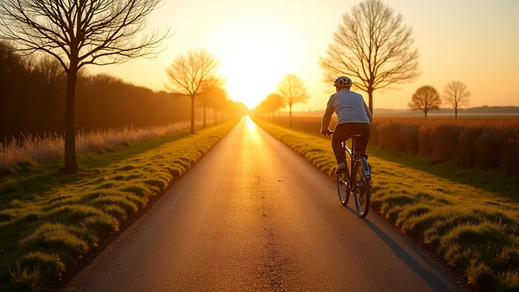 Early morning light casting long shadows across the smooth paved cycling surface of the railway path