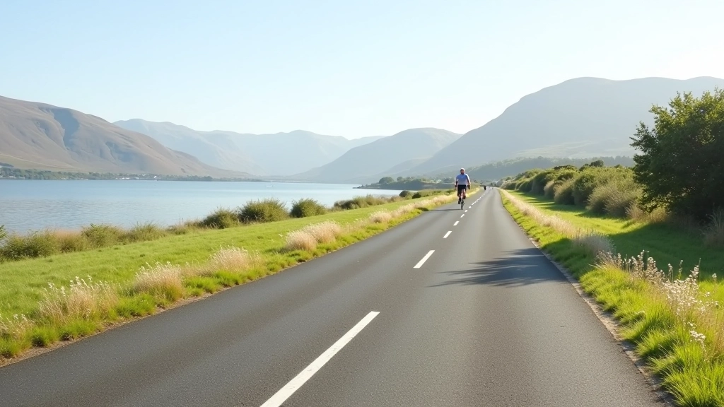 Flat paved cycling path with clear markings running alongside water, mountains visible in the distance