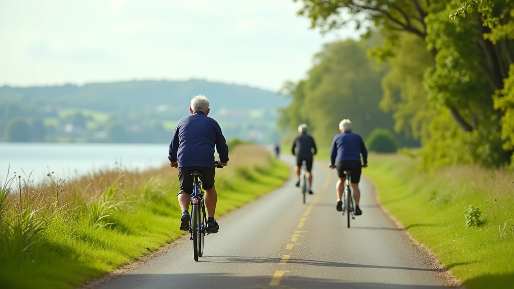 Seniors cycling on the scenic Carlingford to Omeath rail trail with lough shore views