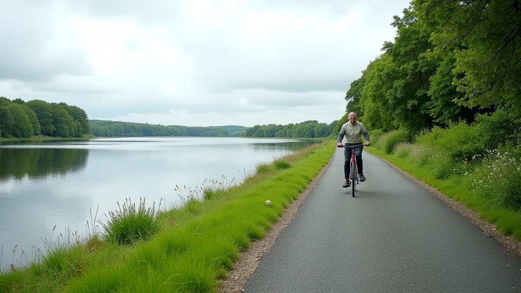 Scenic view of Carlingford Lough with trees reflected in calm water, cycling path visible along the peaceful shore