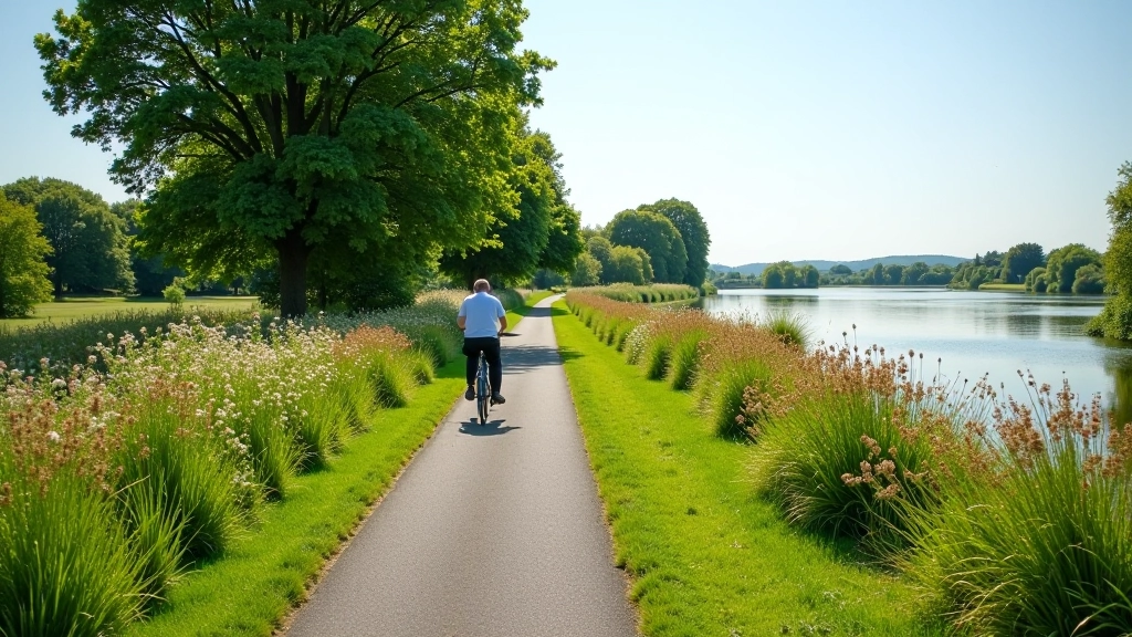 Scenic view of Carlingford Lough from cycling path, water on left side, native wildflowers and trees lining the route, clear day