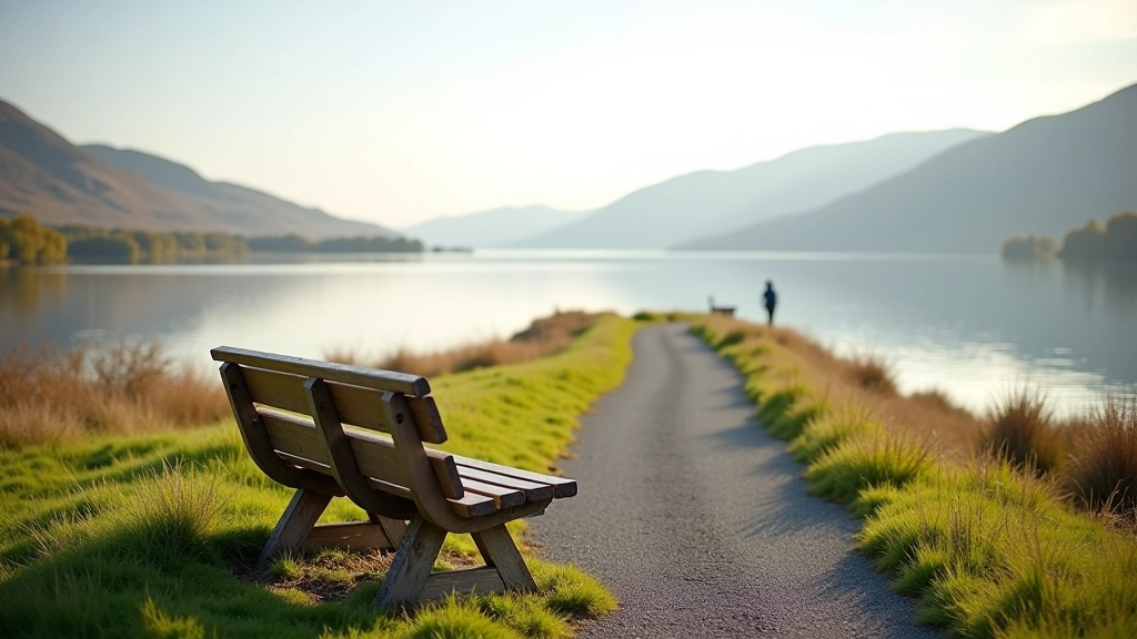 Scenic water view from cycling path with benches for resting along the route