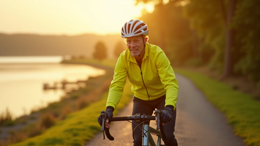 Cyclist in bright yellow jacket riding along peaceful waterside path with lough visible on one side