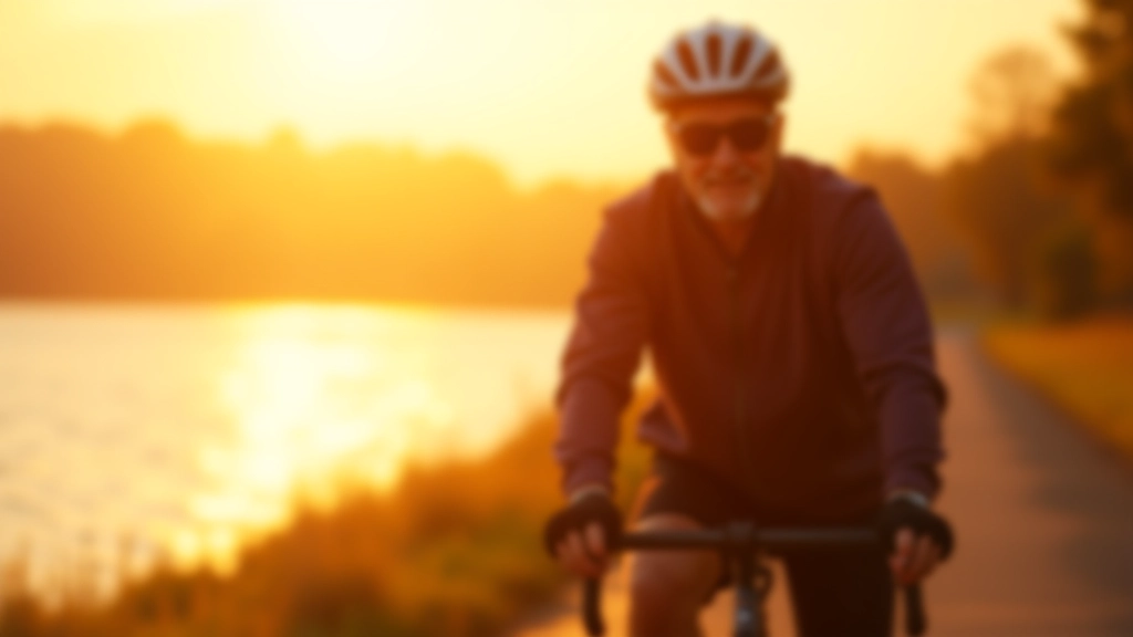 Cyclist wearing polarized sunglasses riding in golden late-afternoon light with water reflection visible