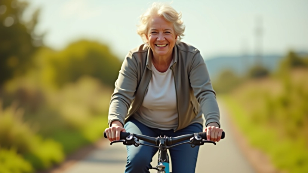 Senior cyclist smiling while riding on sunny day, confident posture, cycling path in background, upper body visible