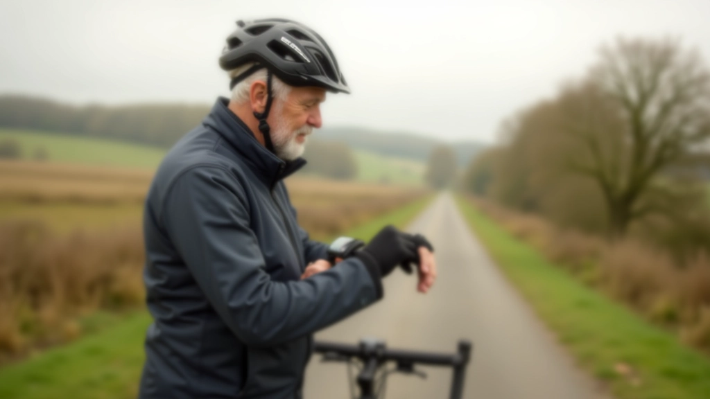 Cyclist checking their smartwatch on a cycling path, wearing helmet and safety gear, scenic outdoor route, morning light