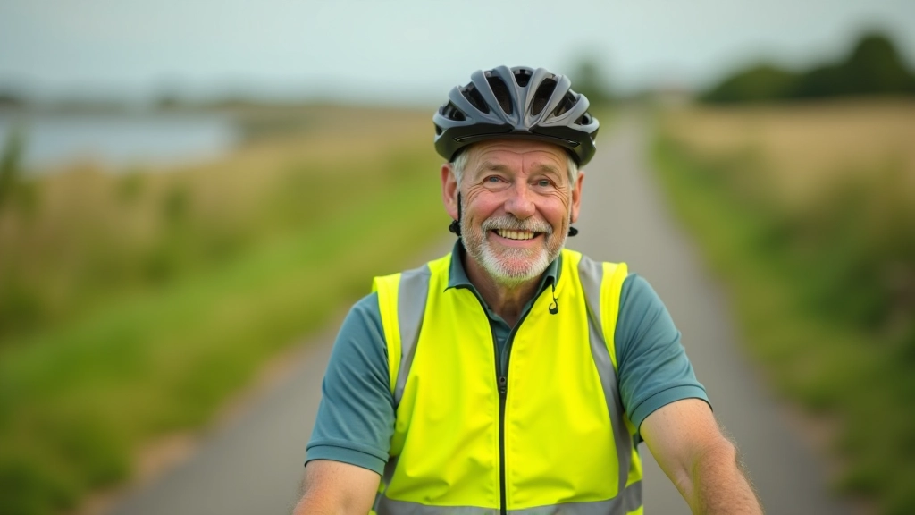 Senior cyclist wearing bright cycling vest and helmet, smiling with confidence on a paved cycling path near water