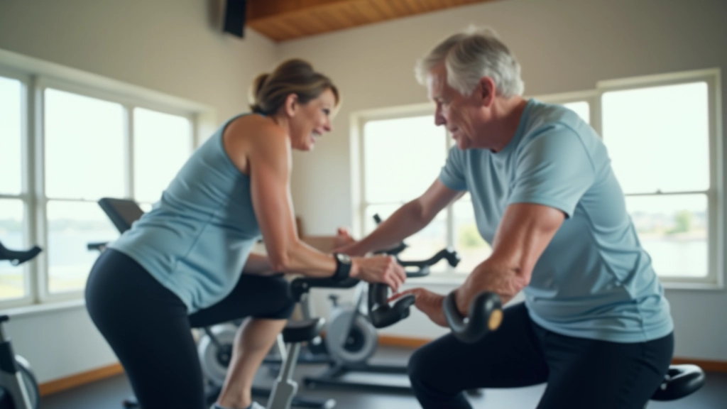 Senior woman in athletic wear sitting on a stationary bike indoors with natural light, focused expression, upper body visible