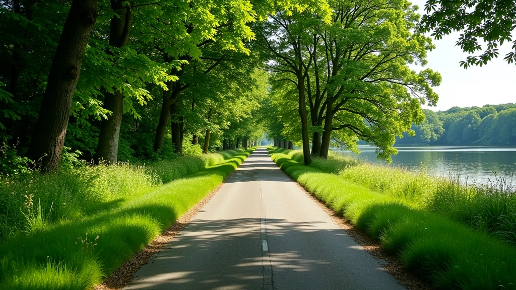Lush green trees and foliage lining both sides of the paved cycling path in summer, water visible through gaps in vegetation