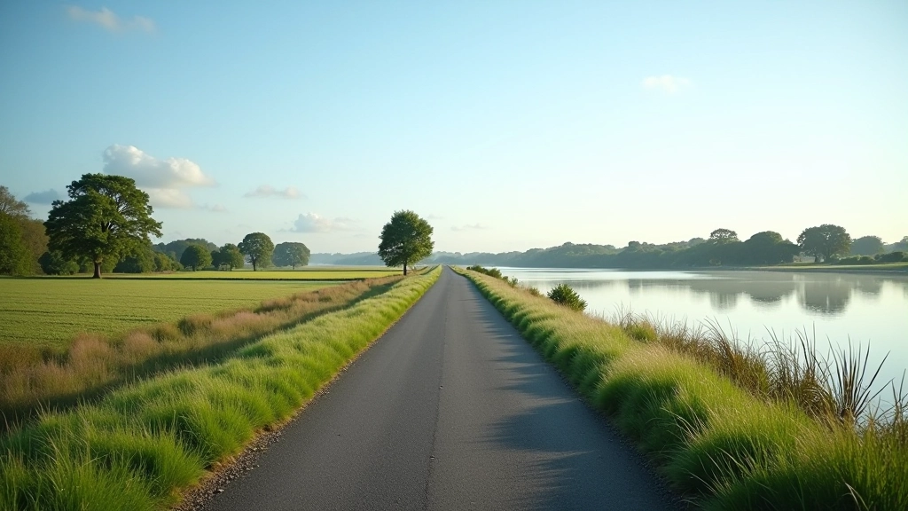 Scenic view of the flat disused railway cycling path along Carlingford Lough with water on one side and green landscape on the other