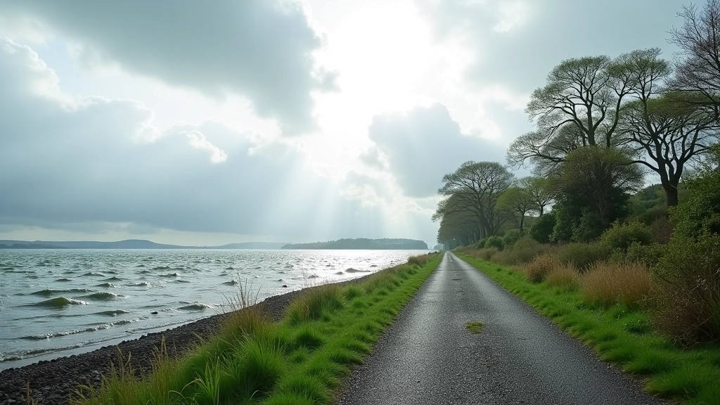 Wind direction indicators with cyclist leaning slightly into crosswind on waterside path